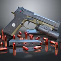 Detailed Tactical Pistol With Scattered Bullets And Magazine On Dark Surface