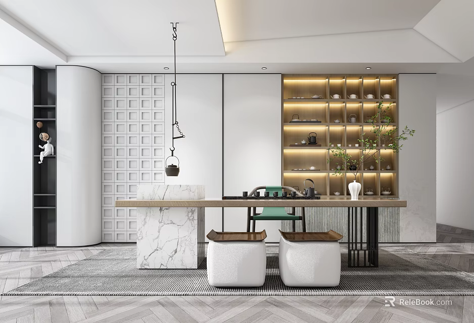 Modern Tea Room Interior With Marble Table And Lit Shelves 3d model