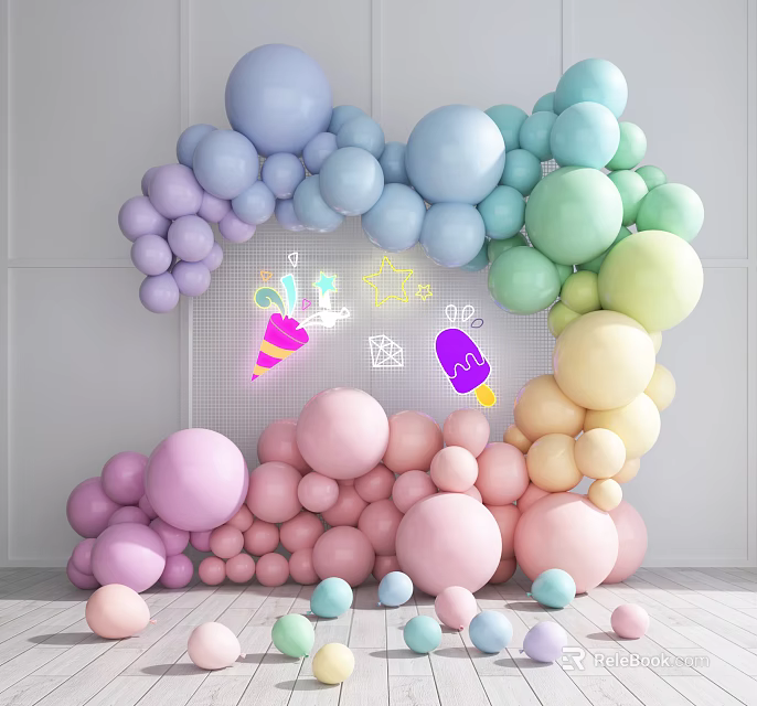 Pastel Colored Balloon Arch With Neon Ice Cream And Star Decorations 3d model 