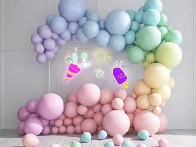 Pastel Colored Balloon Arch With Neon Ice Cream And Star Decorations 3d model