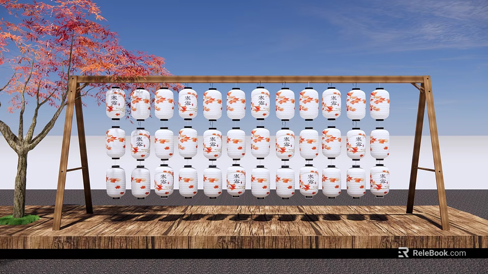 Traditional White Lanterns With Red Fish Patterns On Wooden Stand Under Blue Sky 3d model