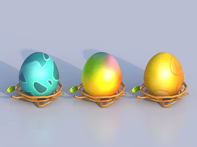Turquoise Rainbow Golden Egg Shaped Decorative Ornament Set with Patterns in Woven Nests and Green Leaves 3d model