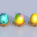 Turquoise Rainbow Golden Egg Shaped Decorative Ornament Set with Patterns in Woven Nests and Green Leaves