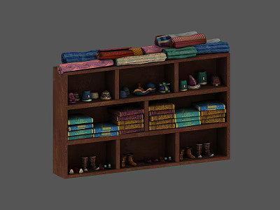 Wooden Storage Shelf With Multiple Tiers Holding Folded Fabrics Towels Shoes And Decor Items 3d model