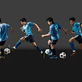 Four Men In Blue Jerseys Black Shorts Running And Dribbling Soccer On Dark Reflective Floor