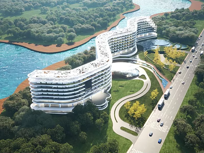 Modern Curved Hotel Building With Riverfront Greenery Scenic Surroundings And Road Access 3d model
