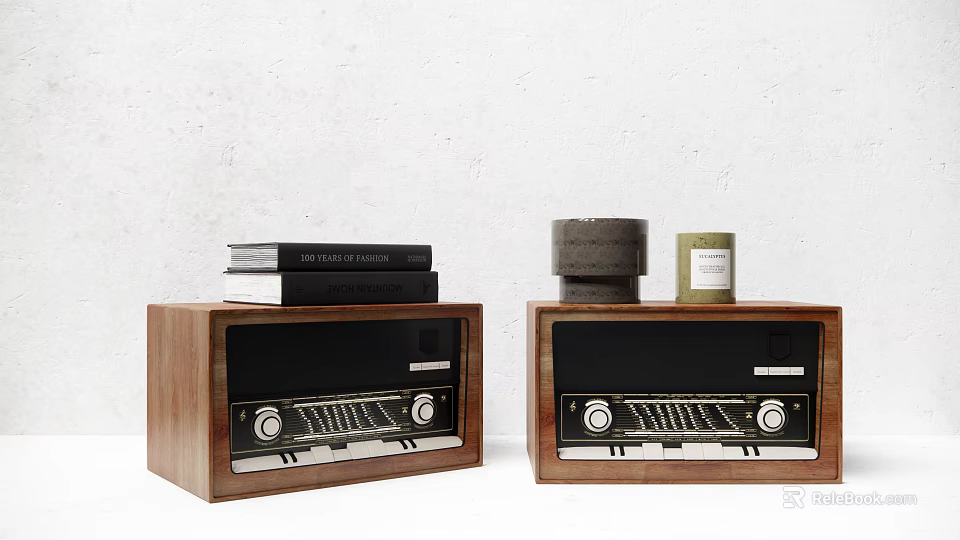 Vintage Wooden Stereo Speakers With Decorative Books And Candles On Tabletop 3d model 