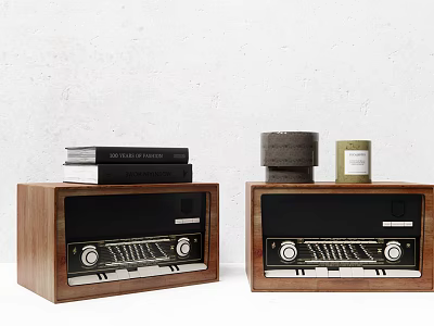 Vintage Wooden Stereo Speakers With Decorative Books And Candles On Tabletop 3d model