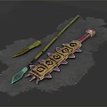 Ancient Wooden Spear Metal Dagger And Ornate Weapon On Leather Surface