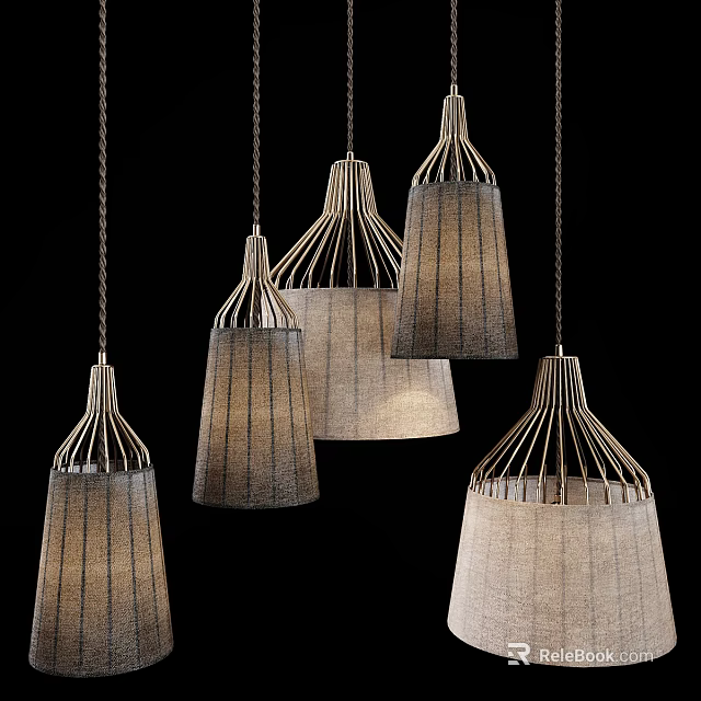 Modern Multiple Hanging Pendant Lights With Striped Fabric Shades And Thin Metal Frames 3d model 