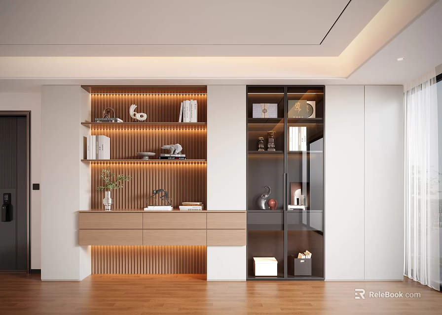 Modern Sideboard With LED Strip Lights Open Shelves And Glass Doors For Living Room 3d model 