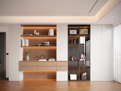 Modern Sideboard With LED Strip Lights Open Shelves And Glass Doors For Living Room 3d model