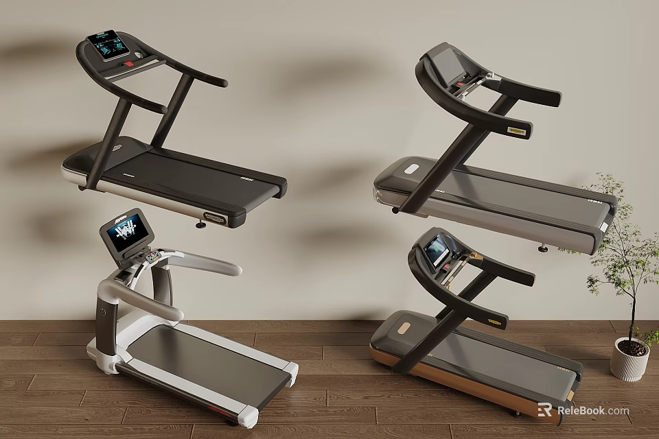 Modern Treadmills With Digital Screens And Sleek Frames In Indoor Wooden Floor Setting 3d model 