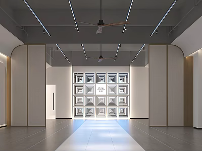Spacious Modern Fitness Studio With Ceiling Fans And Decorative Walls 3d model