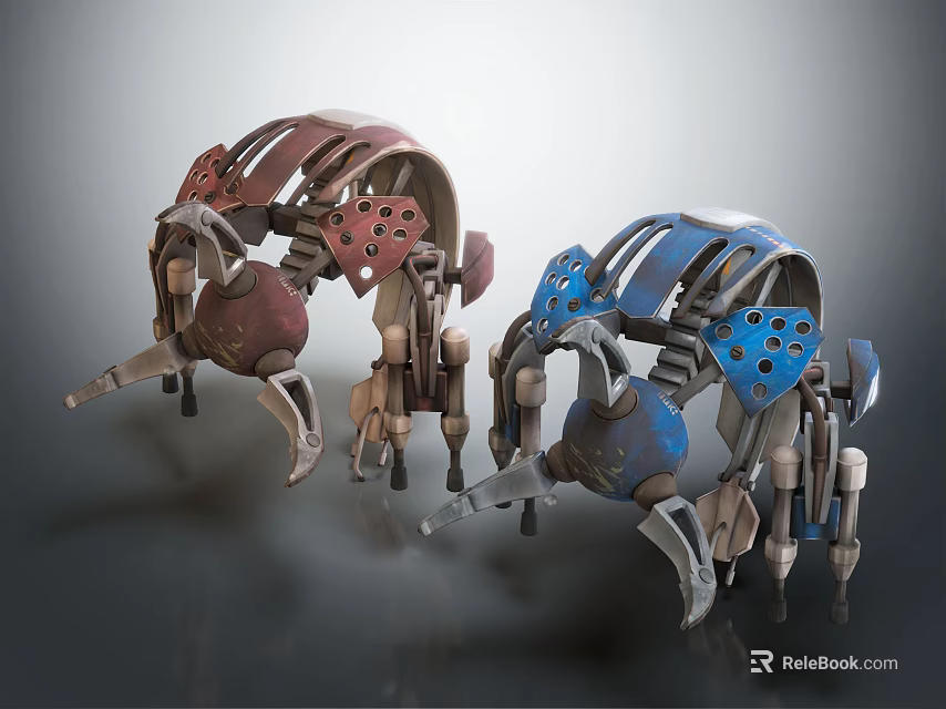 Mechanical Robotic Beetle Creatures With Red And Blue Segmented Bodies And Claws 3d model 