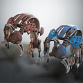 Mechanical Robotic Beetle Creatures With Red And Blue Segmented Bodies And Claws 3d model