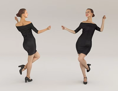 Woman In Black Off Shoulder Dress Dancing With High Heels And Different Poses 3d model
