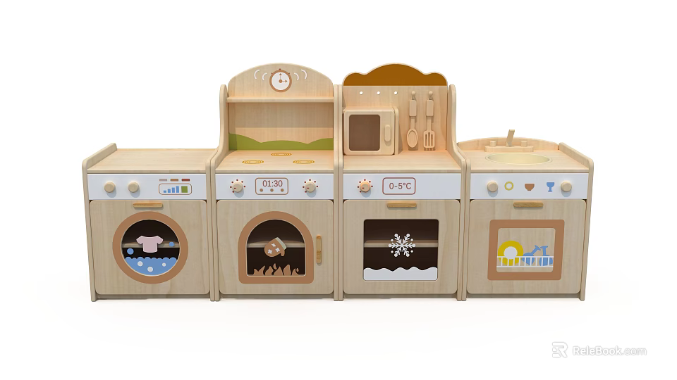 Kids Wooden Kitchen Play Table With Stove Oven And Utensils Set 3d model 
