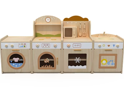 Kids Wooden Kitchen Play Table With Stove Oven And Utensils Set 3d model