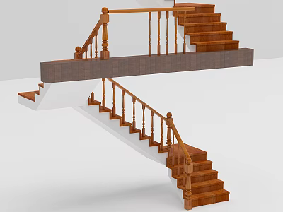 Double Flight Wooden Staircase With Handrail Railings And Steps Connecting Floors 3d model