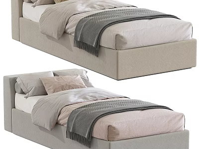 Elegant Modern Single Bed With Upholstered Frame Light Gray Blanket And Soft Pillows 3d model