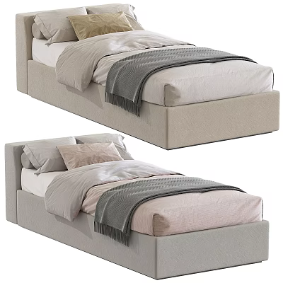 Elegant Modern Single Bed With Upholstered Frame Light Gray Blanket And Soft Pillows 3d model