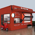 Red Container Hotpot Restaurant With Open Awning Glass Windows Doors And Red Scooter