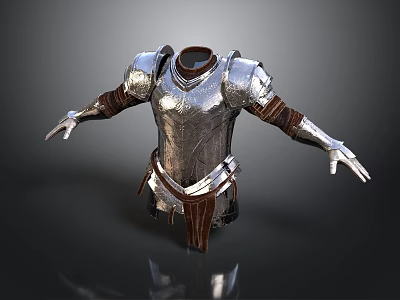 Medieval Silver Metal Armor With Brown Leather Details And Reflective Surface On Dark Background 3d model