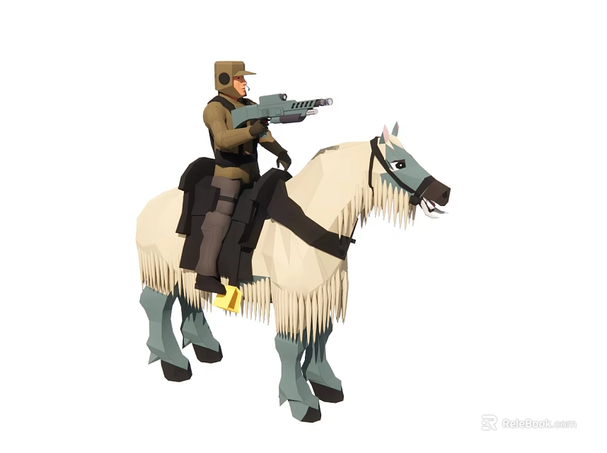 Man Riding A Horse Holding A Gun With Military Style Attire And Saddle 3d model 