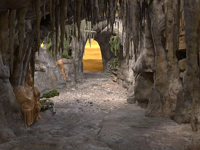 Natural Cave Interior With Stalactites Stalagmites Yellow Light And Gravel 3d model