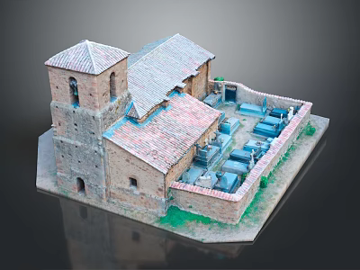 Miniature Building Model Scene with Tower Red Roof Tiles Blue Objects and Green Grass 3d model
