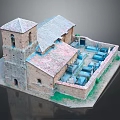 Miniature Building Model Scene with Tower Red Roof Tiles Blue Objects and Green Grass