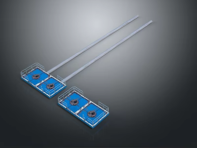 Two Blue Industrial Equipment With Circular Components And Long White Rods 3d model