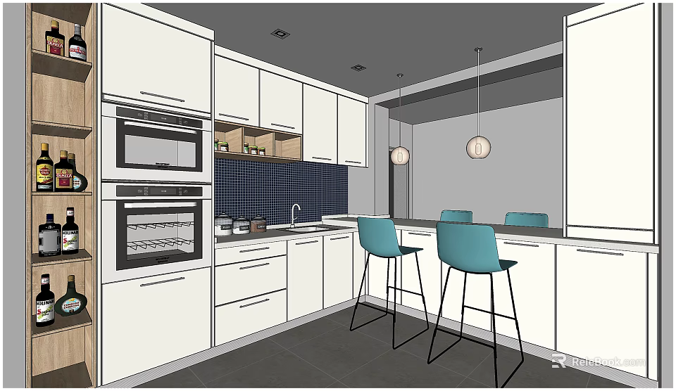 Modern Tea Room With White Cabinets Blue Tile Backsplash Bar Counter Green Stools Hanging Lights 3d model 