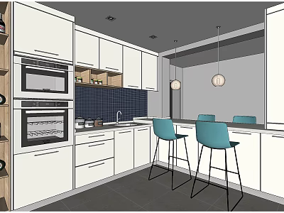 Modern Tea Room With White Cabinets Blue Tile Backsplash Bar Counter Green Stools Hanging Lights 3d model