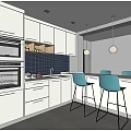 Modern Tea Room With White Cabinets Blue Tile Backsplash Bar Counter Green Stools Hanging Lights