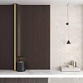 Modern Interior Featuring White Wainscoting Wall With Black Pendant Light And Decorative Shelf