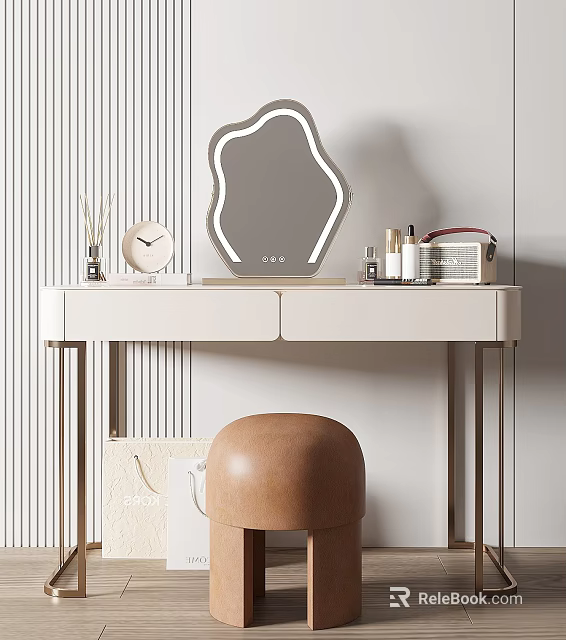 Minimalist Modern Dressing Table With Irregular LED Mirror Skincare Products And Brown Stool 3d model 