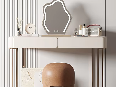 Minimalist Modern Dressing Table With Irregular LED Mirror Skincare Products And Brown Stool 3d model