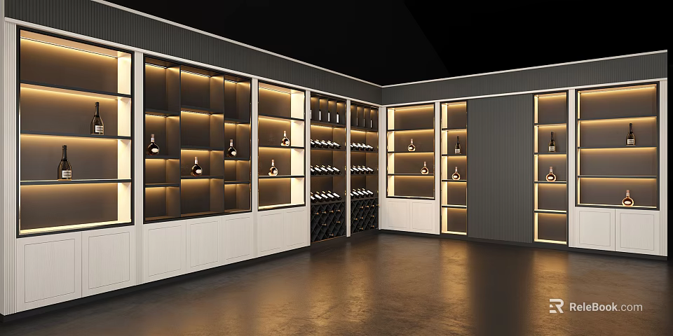 Modern Wine Cabinet Design With LED Lighting And Glass Shelves For Wine Bottle 3d model 