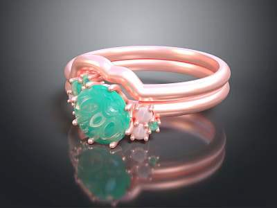 Exquisite Rose Gold Ring With Green Gemstone And Small Diamond Details 3d model