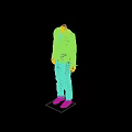 Mannequin with gray jacket dark blue pants white shoes on blue platform against dark background