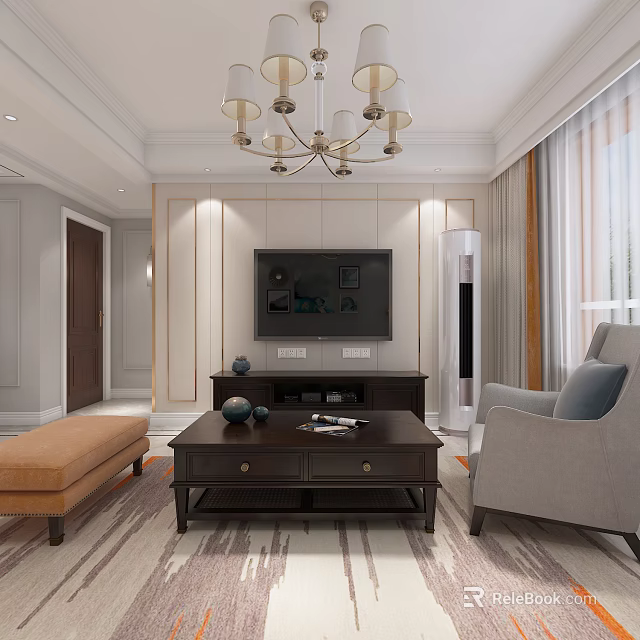 Modern Living and Dining Room Interior With TV Wooden Coffee Table Armchair And Chandelier 3d model 