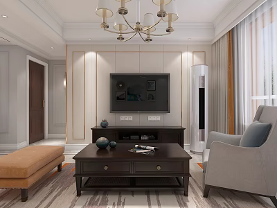 Modern Living and Dining Room Interior With TV Wooden Coffee Table Armchair And Chandelier 3d model