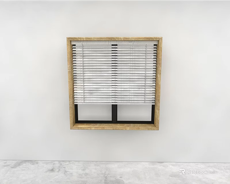 White Window Blinds with Wooden Frame Installed on Window Against White Wall and Gray Floor 3d model 