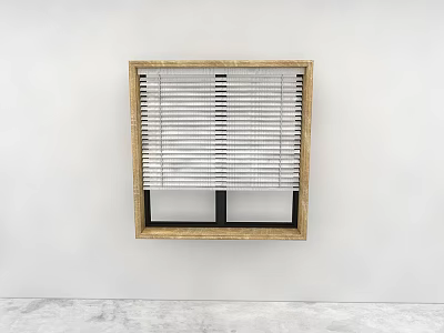 White Window Blinds with Wooden Frame Installed on Window Against White Wall and Gray Floor 3d model
