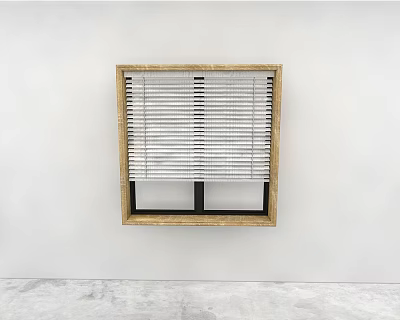 White Window Blinds with Wooden Frame Installed on Window Against White Wall and Gray Floor 3d model