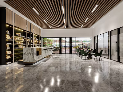 Modern Tea Room Interior With Wooden Ceiling Marble Counter Shelves Glass Windows And Green Chairs 3d model