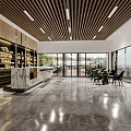 Modern Tea Room Interior With Wooden Ceiling Marble Counter Shelves Glass Windows And Green Chairs