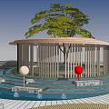 Curved Garden Pavilion Design With Water Pool Tree And Circular Pathway 3d model